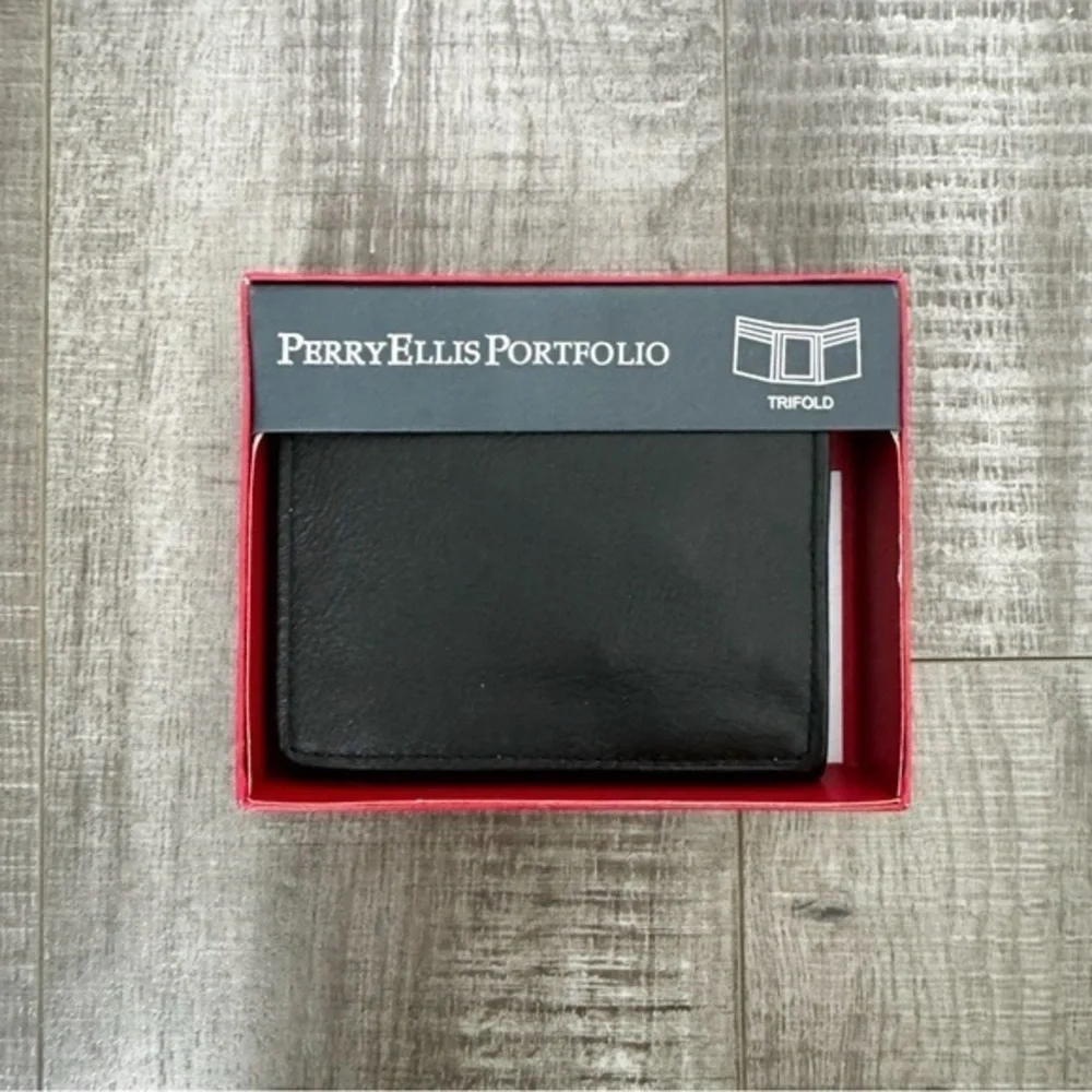 Perry Ellis Portfolio Trifold Wallet Genuine Leather Black NWT